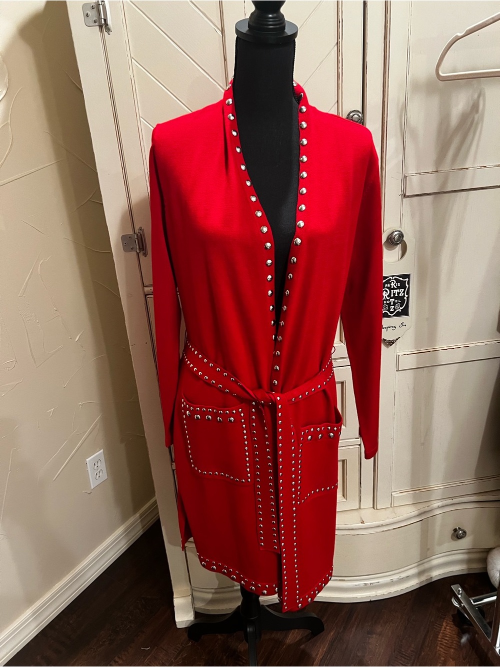 INC International Concepts Red Stud-Trim Long Cardigan Blazer with Tie